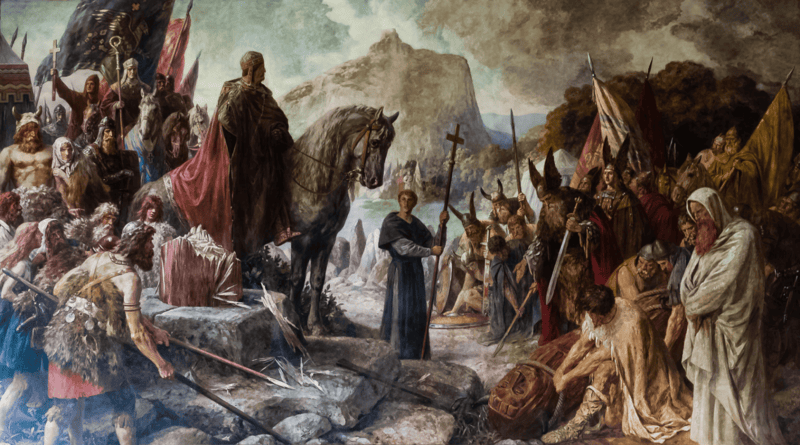 Zerstörung der Irminsul (heilige heidnische Säule der Sachsen) durch die von Karl dem Großen angeführten Franken im Jahr 772.